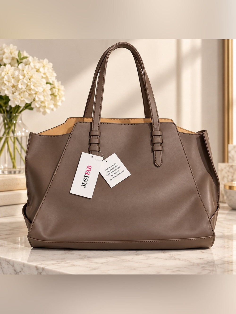 JustFab Taupe Faux-Leather Tote with Contrast Interior